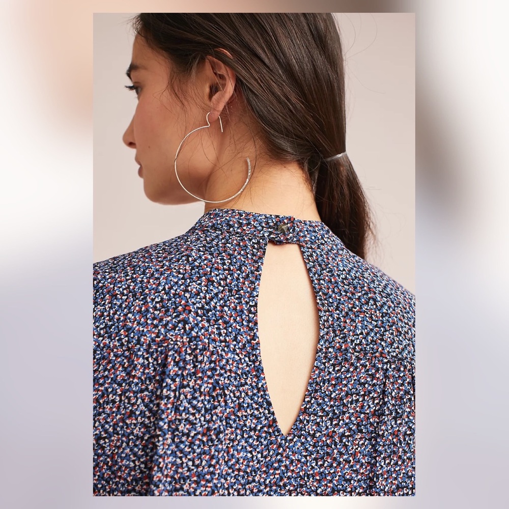 Anthropologie Navy Floral V-Neck Blouse with Choker - Picture 3 of 11